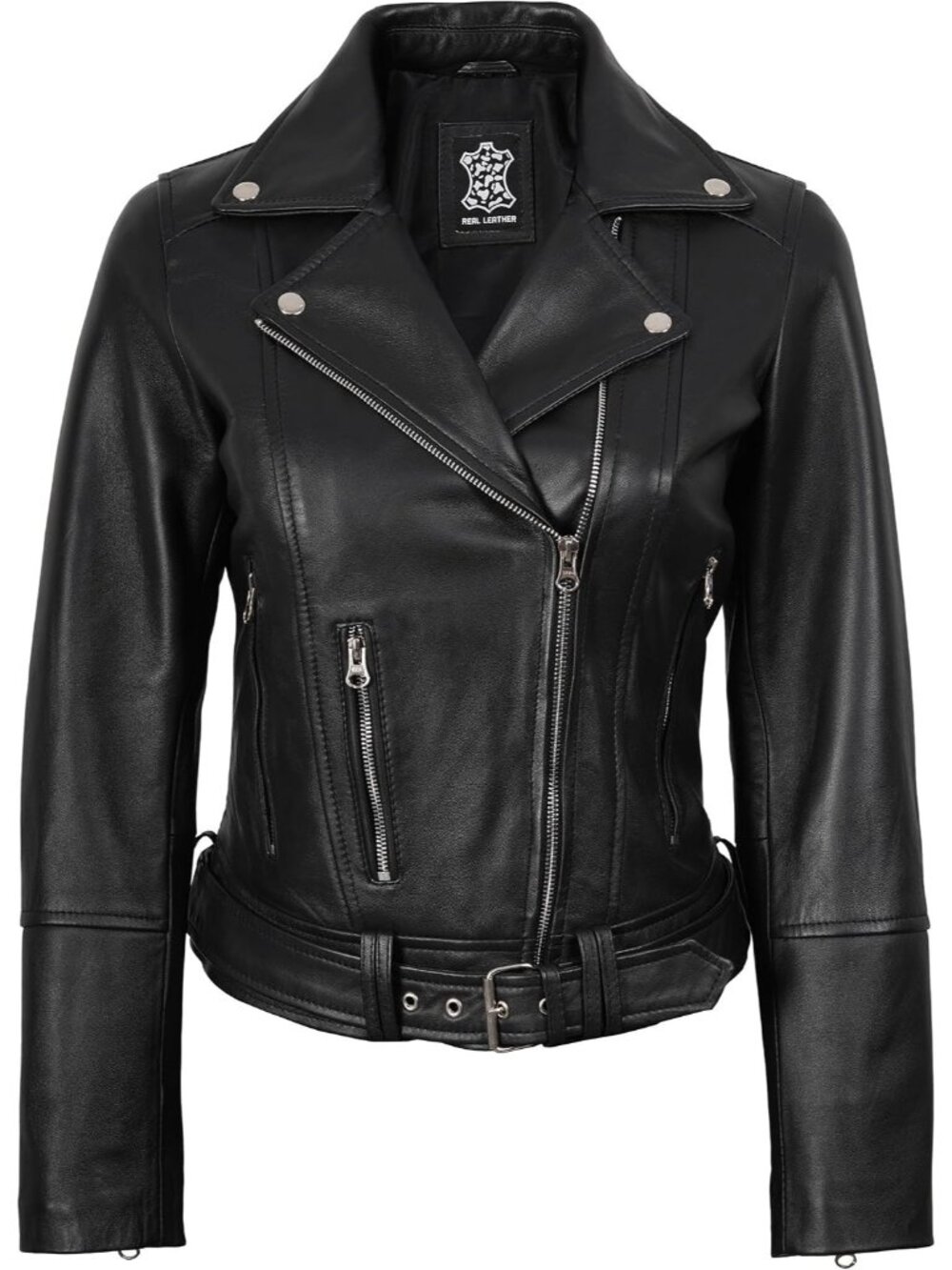 Women’s Black Leather Asymmetrical Belted Moto Jacket Biker Coat